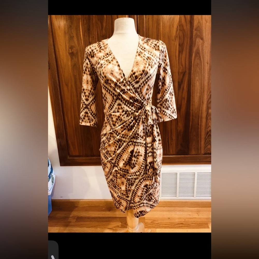 Brown Print Wrap Dress Ruched Tie Waist Flattering Fit XS/S